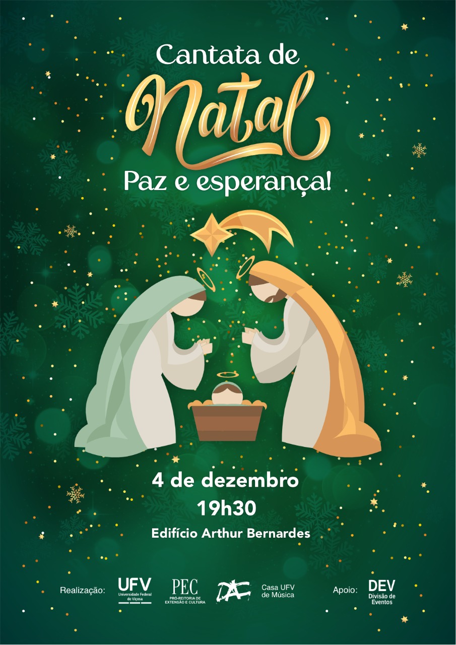 Fundo verde com estrelas douradas. Em primeiro plano, desenho da Sagrada Família. Cantata de Natal Paz e Esperança 2022. 
