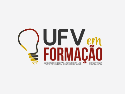 Card com fundo branco e texto em preto, amarelo e vermelho: UFV em Formação. Desenho de lâmpada nas mesmas cores. 