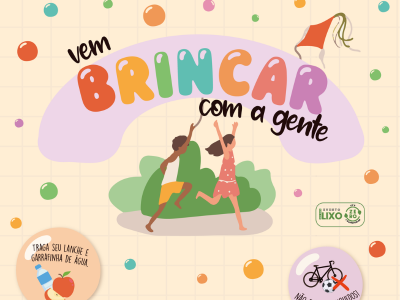 Card de fundo bege com desenho de um menino e uma menina correndo descalços com os braços para o alto. 