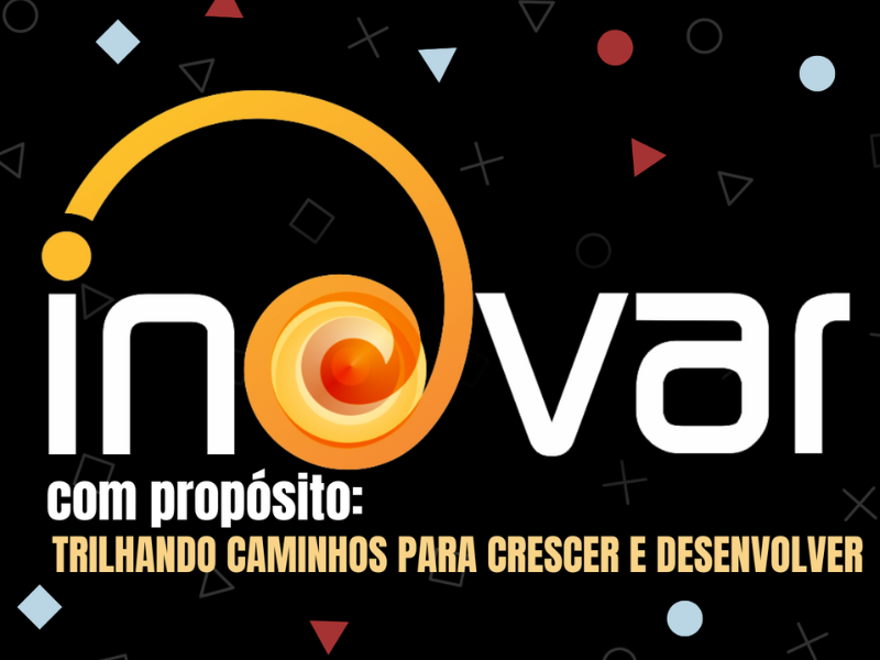 Card preto com a logo INOVAR em letras brancas e o Ó em espiral laranja e amarela. 