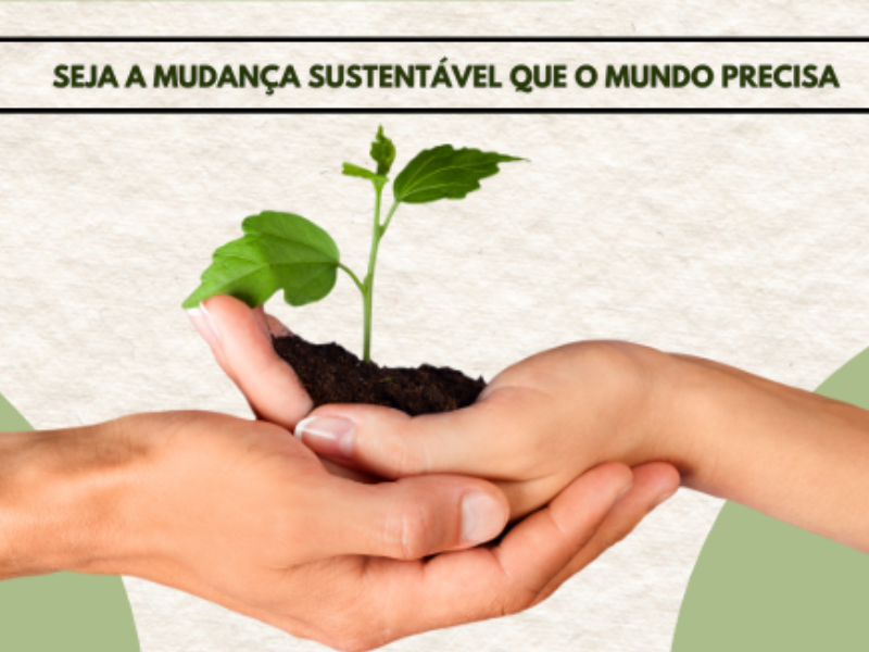 Cartaz com duas mãos segurando uma muda e fotos dos 4 palestrantes dentro de círculos, um debaixo do outro. 