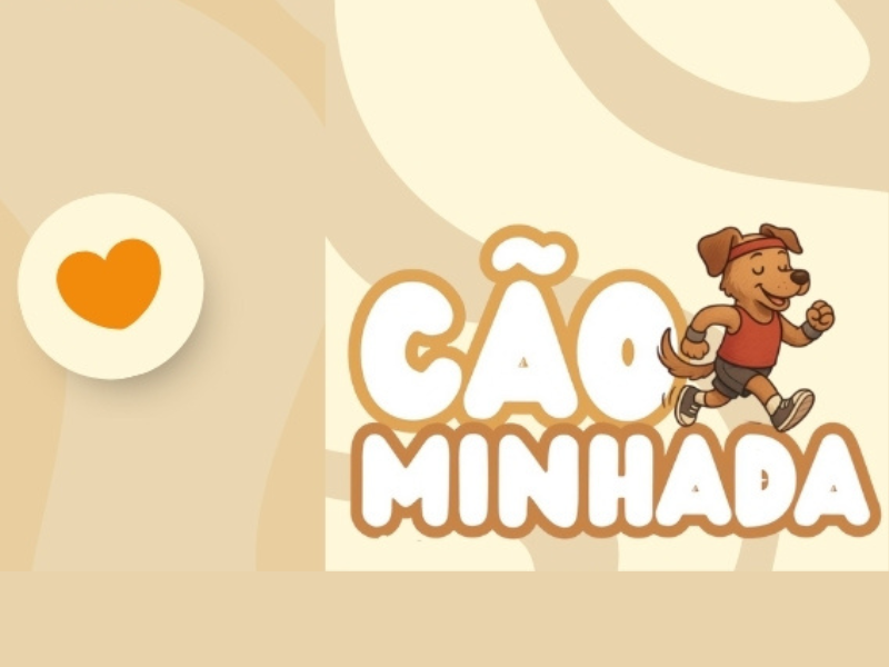 Texto em branco: cão-minháda. Sobre ele, o desenho de um cachorrinho marrom com roupas de ginástica. 