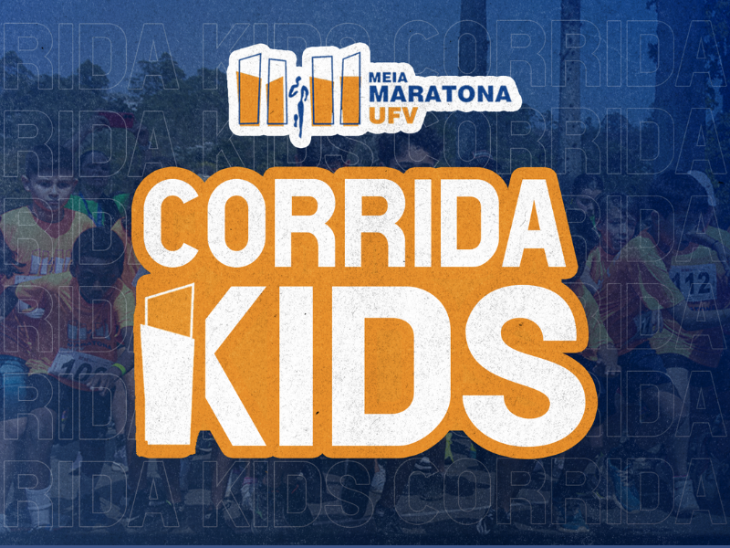 Card com foto azulada no fundo com várias crianças correndo. Texto em laranja: Corrida Kids, Meia Maratona UFV. 