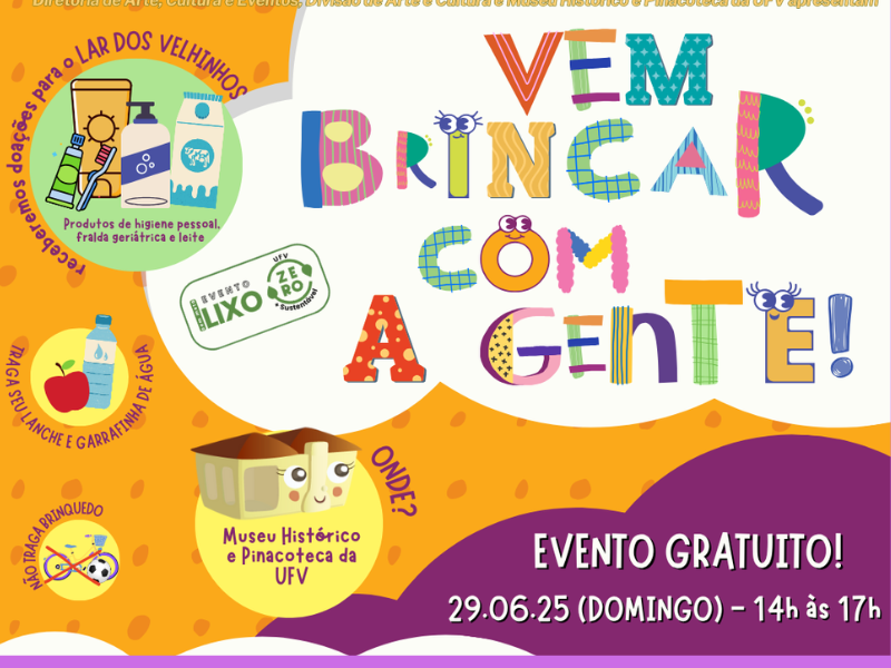 Cartaz com fundo amarelo com pintas laranja e nuvens roxas e brancas na parte de baixo, com informações do evento.