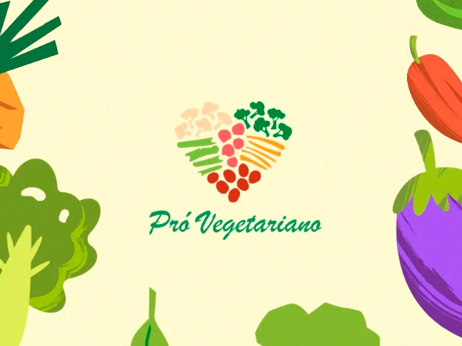 Fundo amarelo com desenhos de vegetais e legumes diversos ao redor e formando um coração no centro. Pró-Vegetariano. 