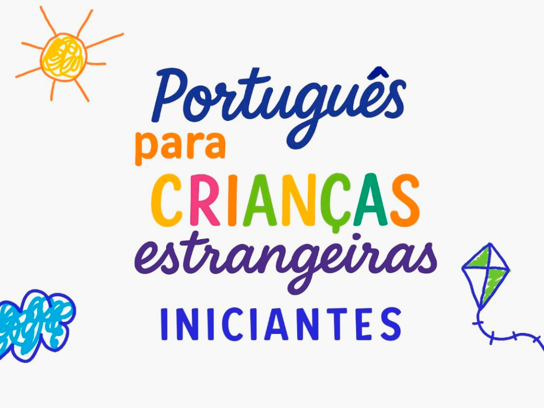 Fundo bege com desenhos coloridos de sol, nuvem e pipa. Português para crianças estrangeiras iniciantes. 