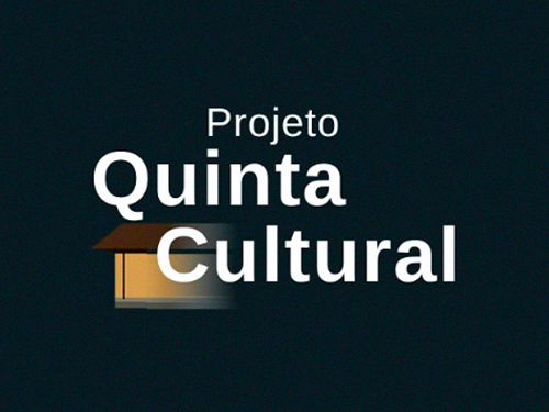 Fundo preto com desenho levemente embaçado de casinha amarela com telhado marrom. Projeto Quinta Cultural em letras brancas. 