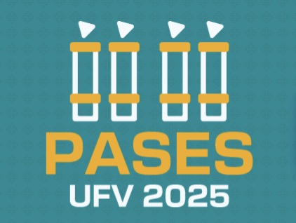 Desenho estilizado das 4 pilastras da entrada da UFV, em amarelo e branco. PASES UFV 2025 em letras amarelas e brancas. 