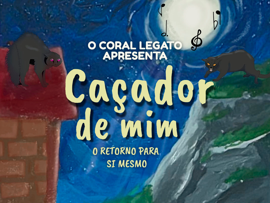 Colagem de imagens: céu estrelado com lua; à esquerda, casa com gato no telhado; à direita, pedra com gato um em cima. 