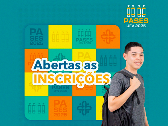 Rapaz claro de lado com mochila nas costas. atrás dele, mosaico colorido com escritos PASES UFV 2025. 
