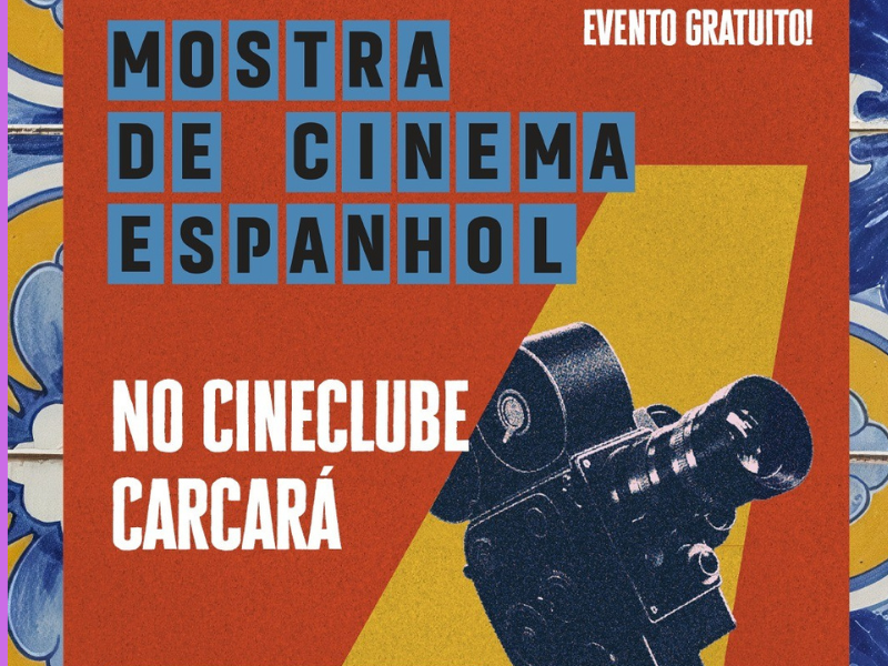 Sobre fundo vermelho e amarelo, foto preto e branco de câmera de filmagem. Mostra de cinema espanhol. 