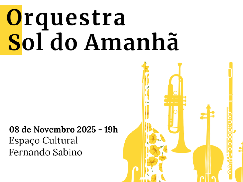 Desenho de violoncelo, violino, trompete e flauta em amarelo, sobre fundo branco. Parte do violoncelo é formado por flores. 