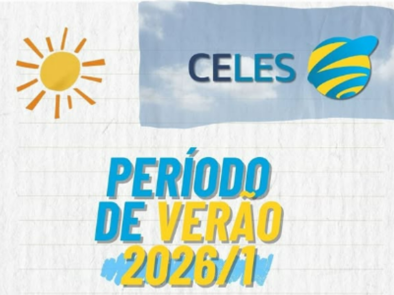 Desenho de sol à esquerda e logo do Celes à direita. Período de verão 2026/1. 