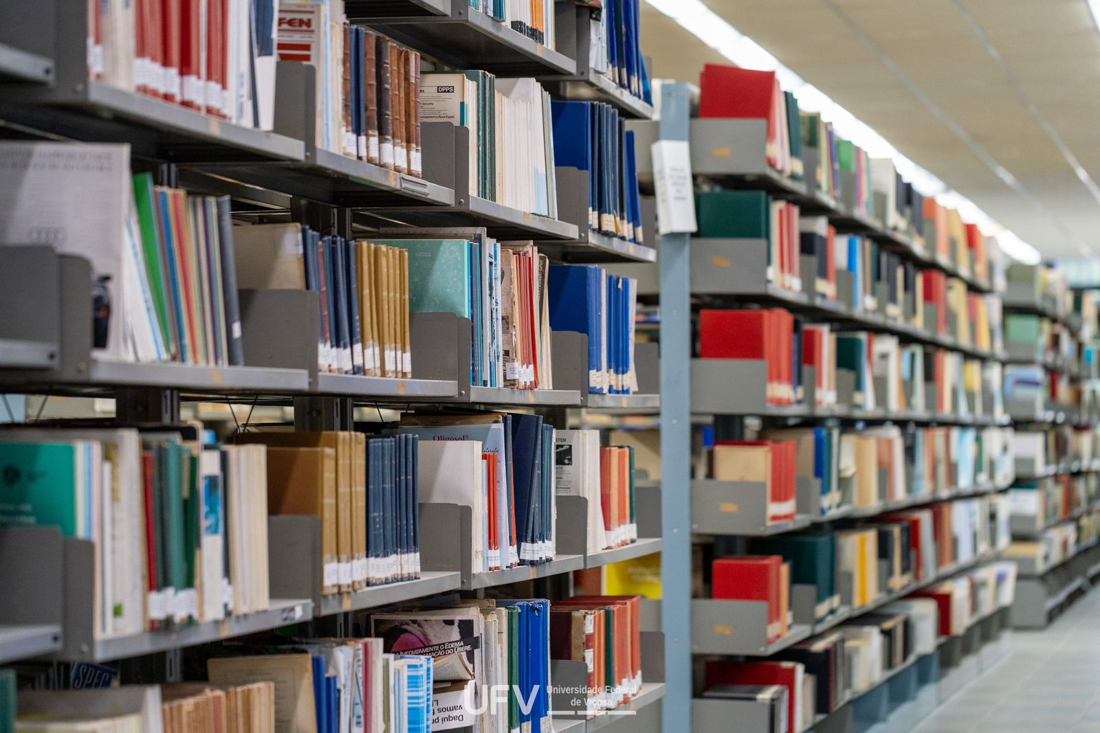 Corredor formado por várias estantes metálicas repletas de livros, todos com etiqueta branca na base da lombada. 