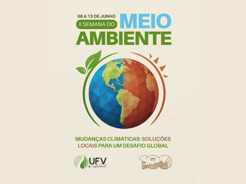 Planeta Terra em azul e vermelho, com folhas verdes à esquerda e triângulos vermelhos à direita. 
