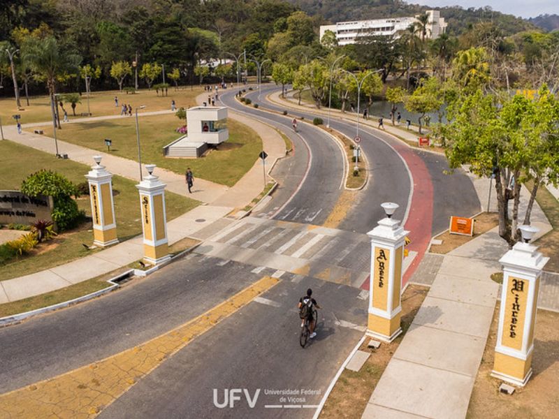 Entrada da UFV: duas pistas separadas por um canteiro central. Há duas pilastras amarelas em cada calçada. 