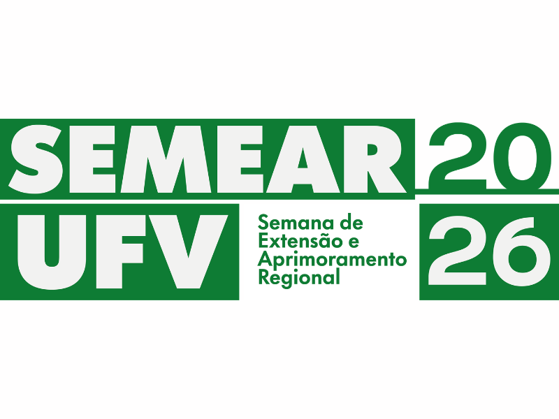 Fundo verde com texto em letras brancas: Semear UFV 20: Semana de extensão e aprimoramento regional. 