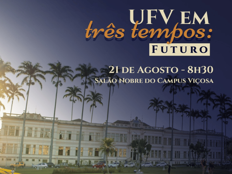 Foto ao entardecer do edifício Arthur Bernardes ao fundo. Informações sobre o evento em primeiro plano. 