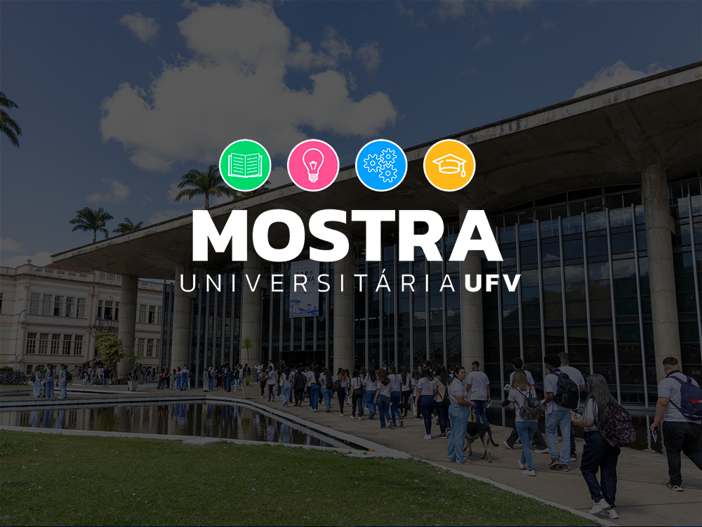 Imagem ilustrativa: logo da Mostra Universitária UFV com foto de estudantes em frente prédio de vidro. 