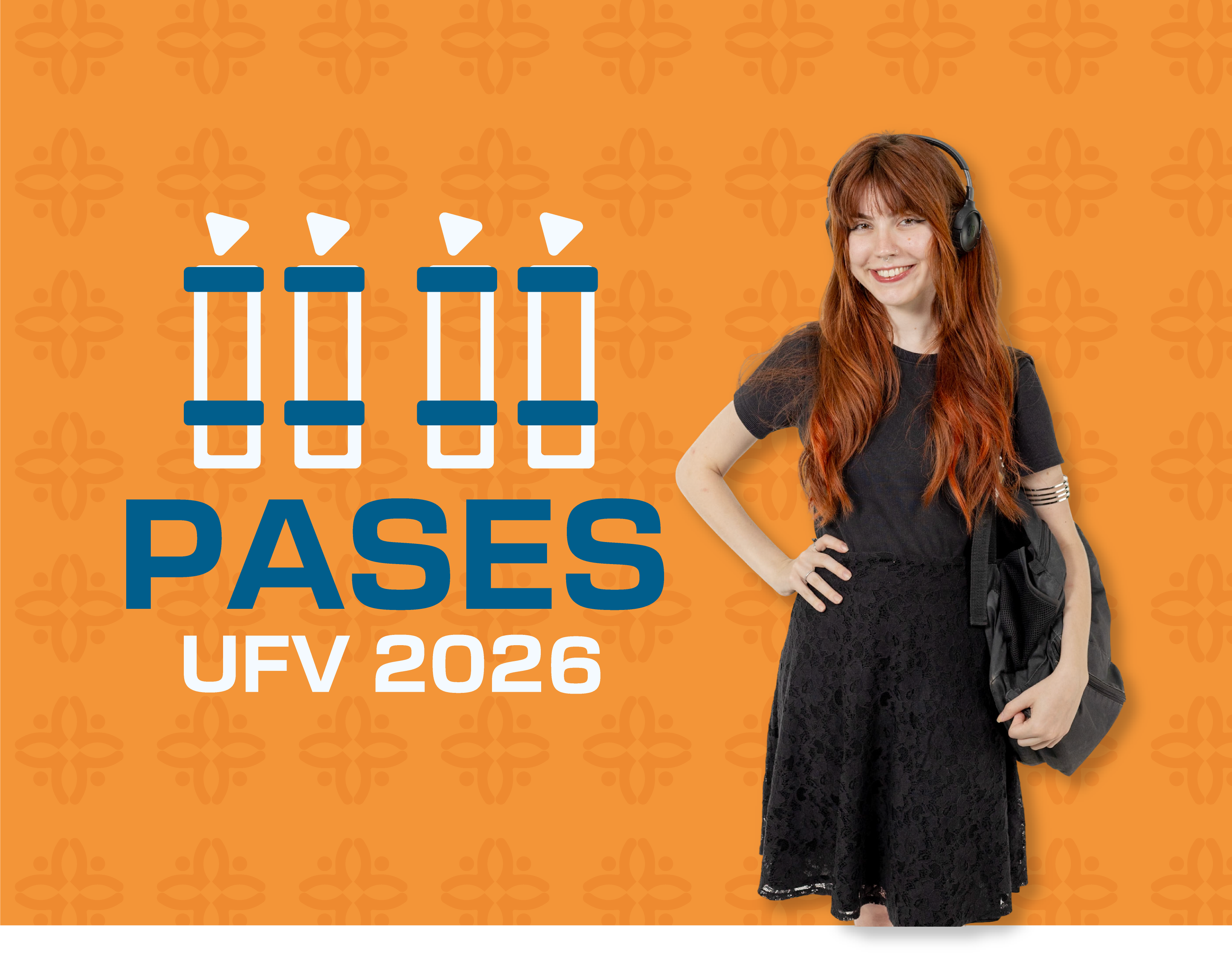 Moça ruiva e magra sorrindo, de roupas pretas e fone de ouvido preto. Texto: Pases UFV 2026. 