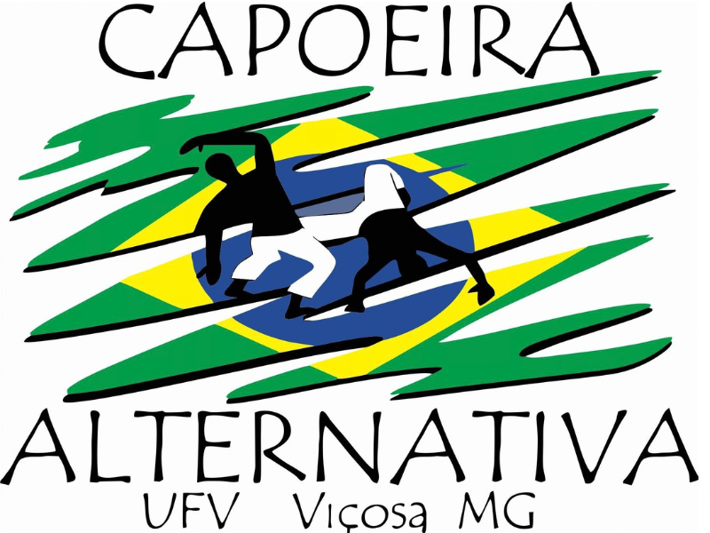 Logo do Capoeira Alternativa: desenho estilizado da bandeira do Brasil com dois homens negros jogando capoeira em frente. 