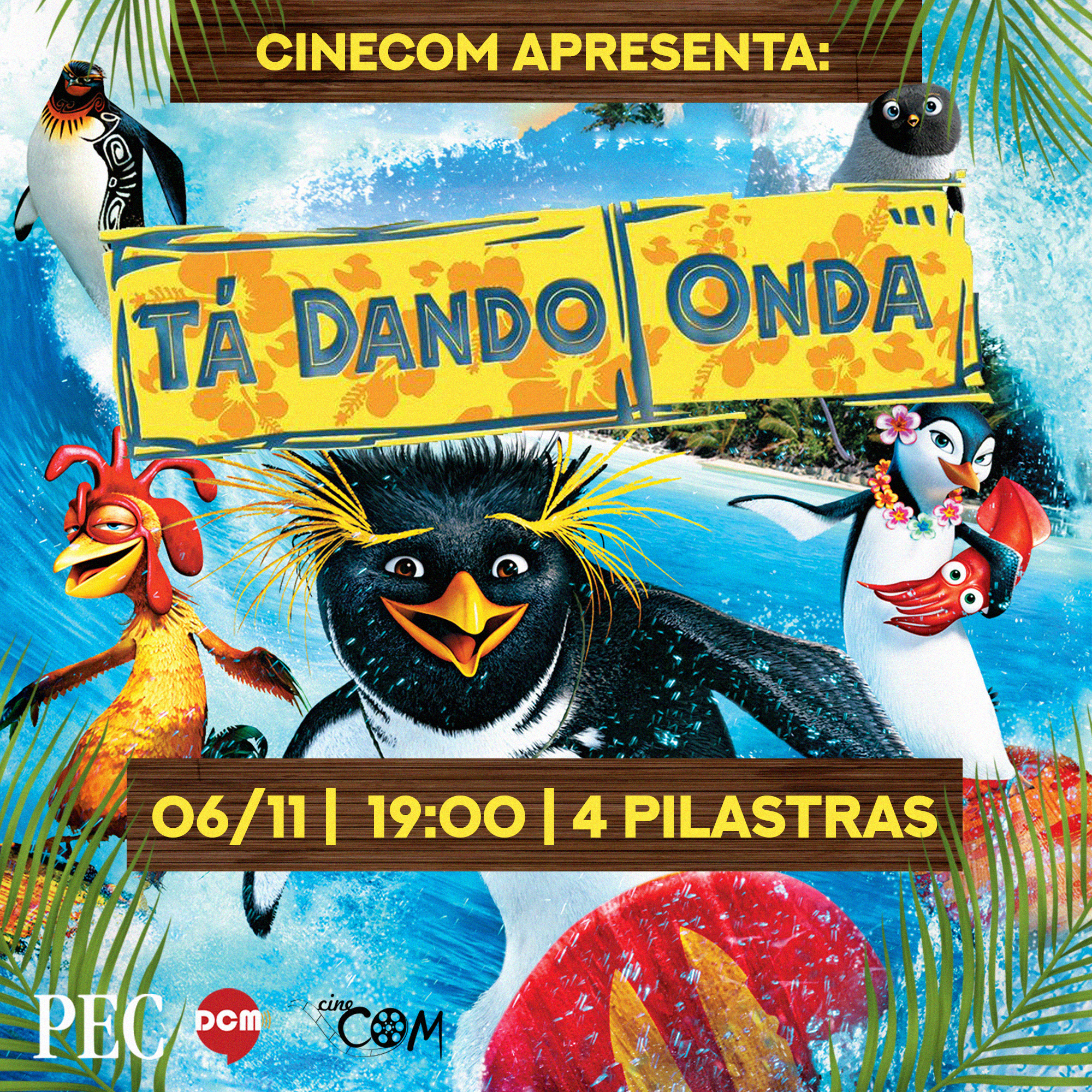 Cartaz do filme, com personagens surfando em primeiro plano e uma praia ao fundo. Abaixo, as logos da PEC, DCM e Cinecom. 