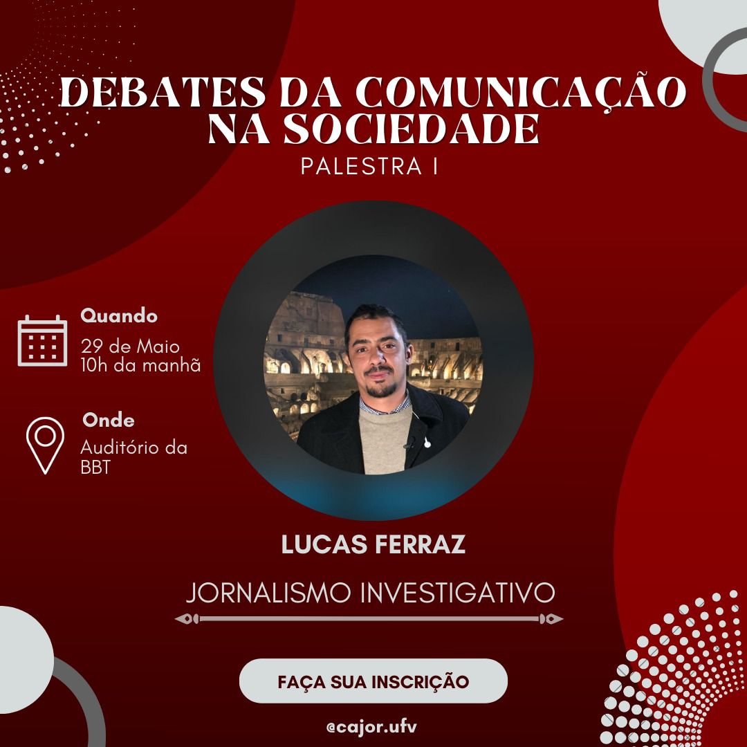 Fundo vermelho, com foto do palestrante em um círculo no centro da imagem. Informações do evento em letras brancas. 