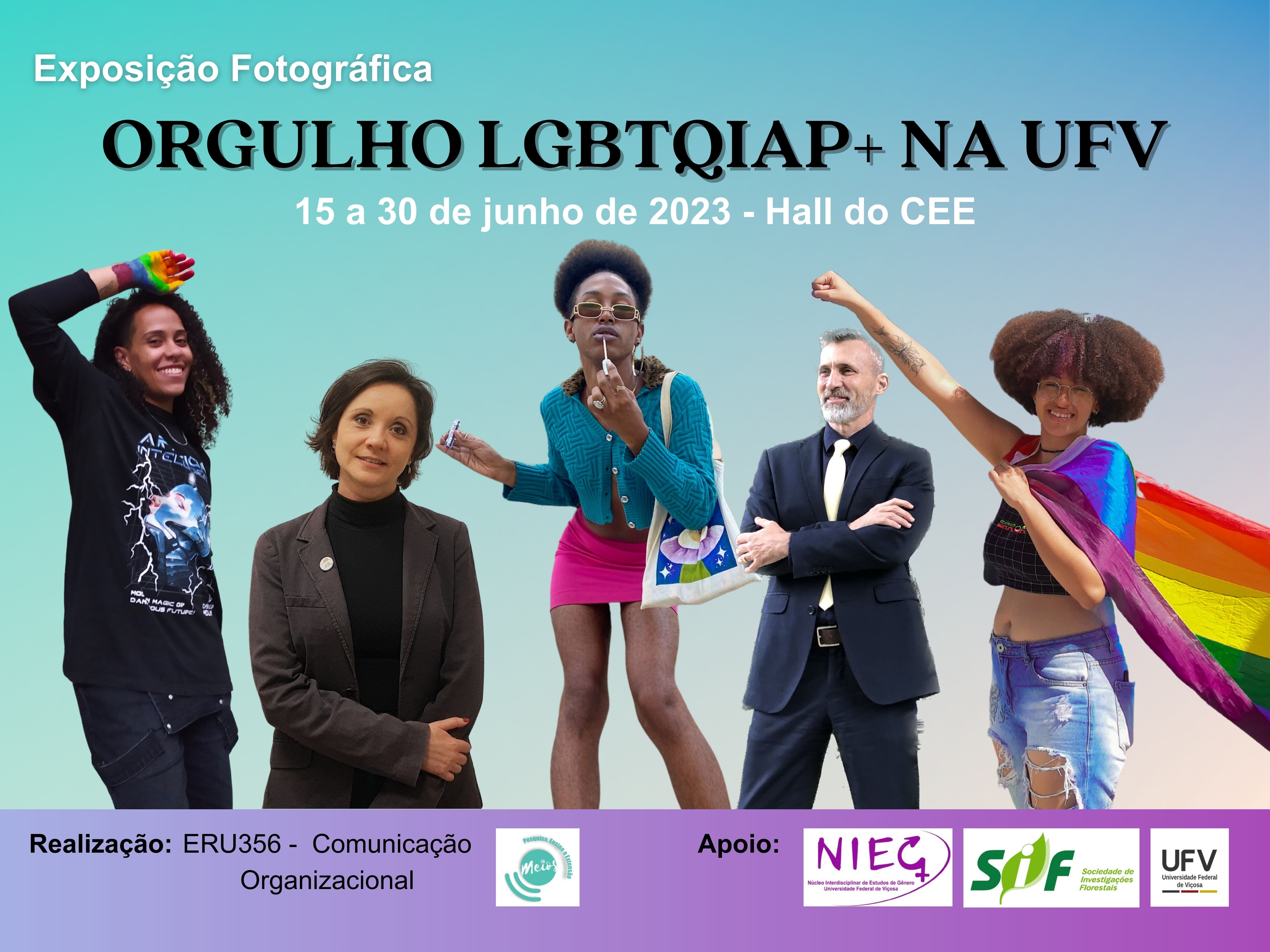 Montagem com fotos de 5 membros LGBTQIAP+ da comunidade acadêmica da UFV, entre discentes e servidores. 