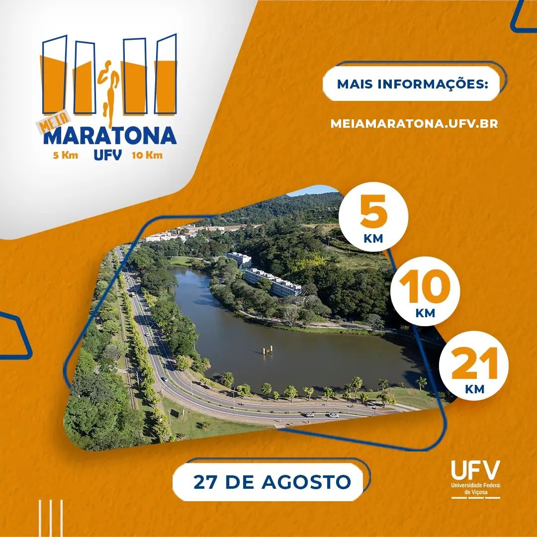 Fundo laranja e branco, com foto aérea do campus da UF mostrando a pista onde ocorrerá a meia maratona.