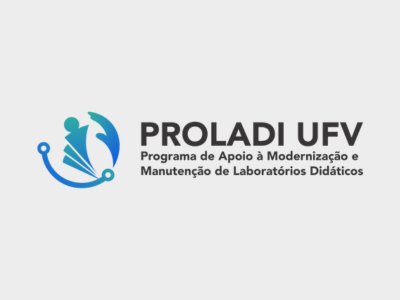 Logotipo azul do Proladi UFV; uma curva e uma mão fazem um círculo ao redor de três pessoas estilizadas. 