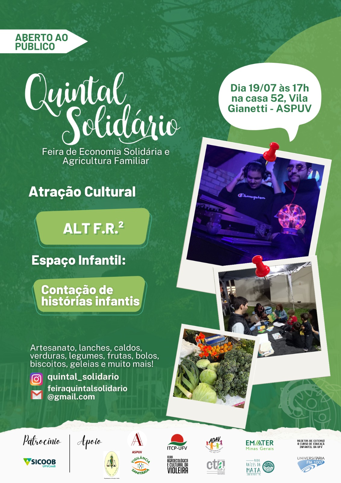 Cartaz com fundo verde e fotos de D J na mesa de som, de crianças e de mesa com hortaliças. 