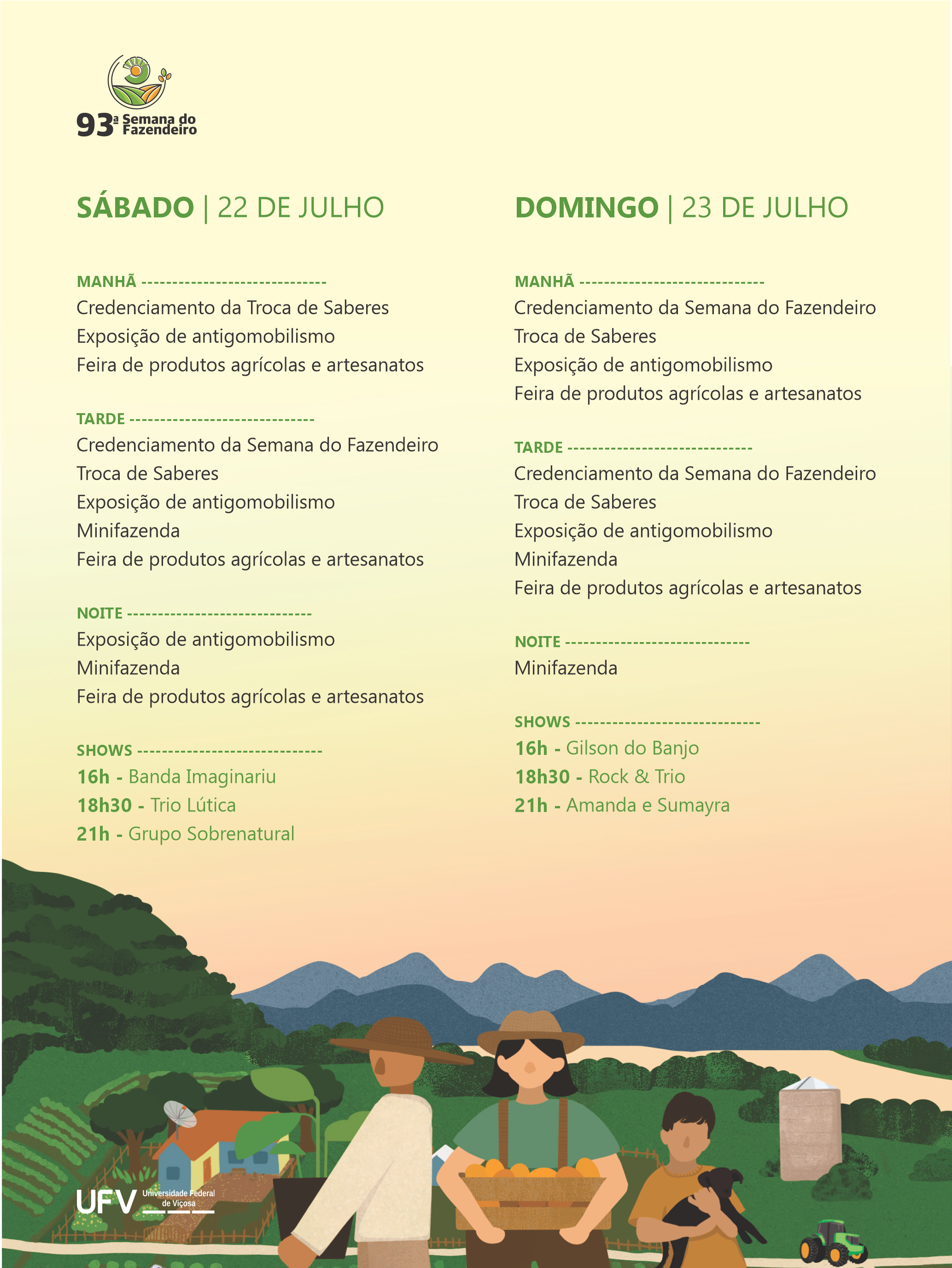 Cartaz com fundo bege e programação de sábado e domingo da Semana do Fazendeiro. 