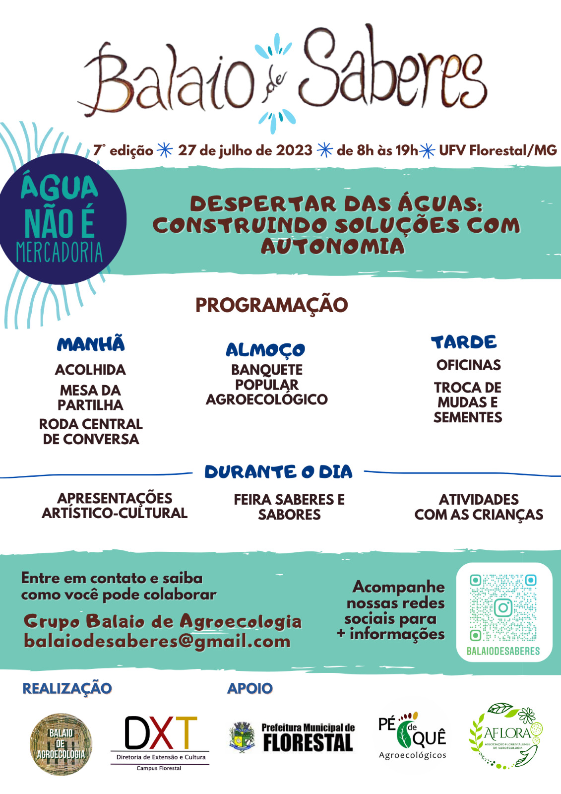 Cartaz com fundo branco e texto em preto, azul e marrom do Balaio de Saberes, com a programação do dia 27. 