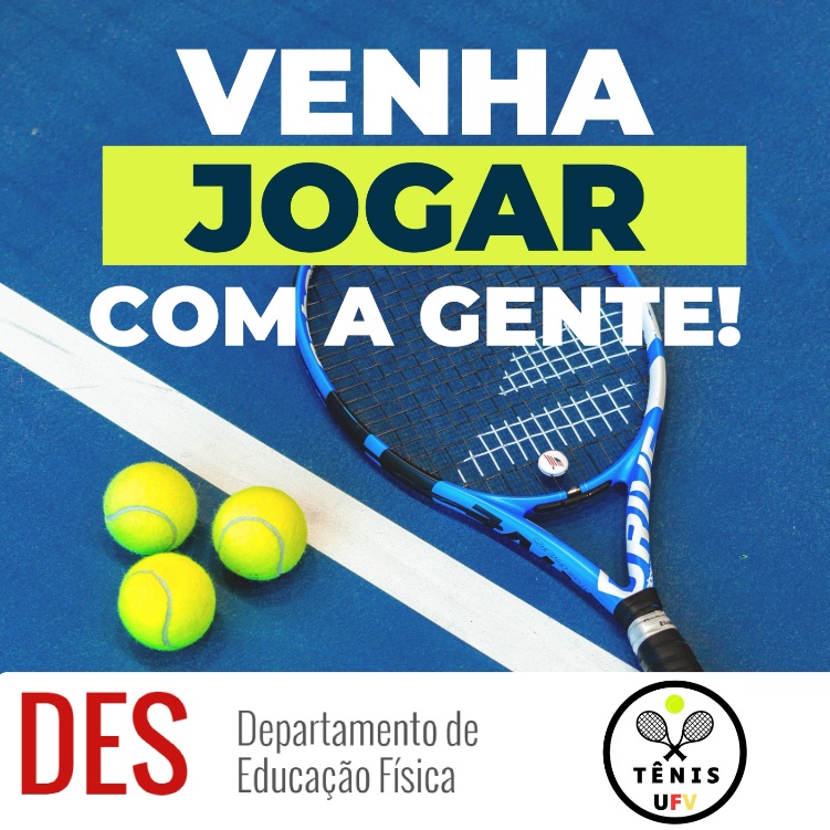 Fundo azul com faixa branca, raquete e 3 bolas de tênis. Texto: Venha Jogar com a Gente! 