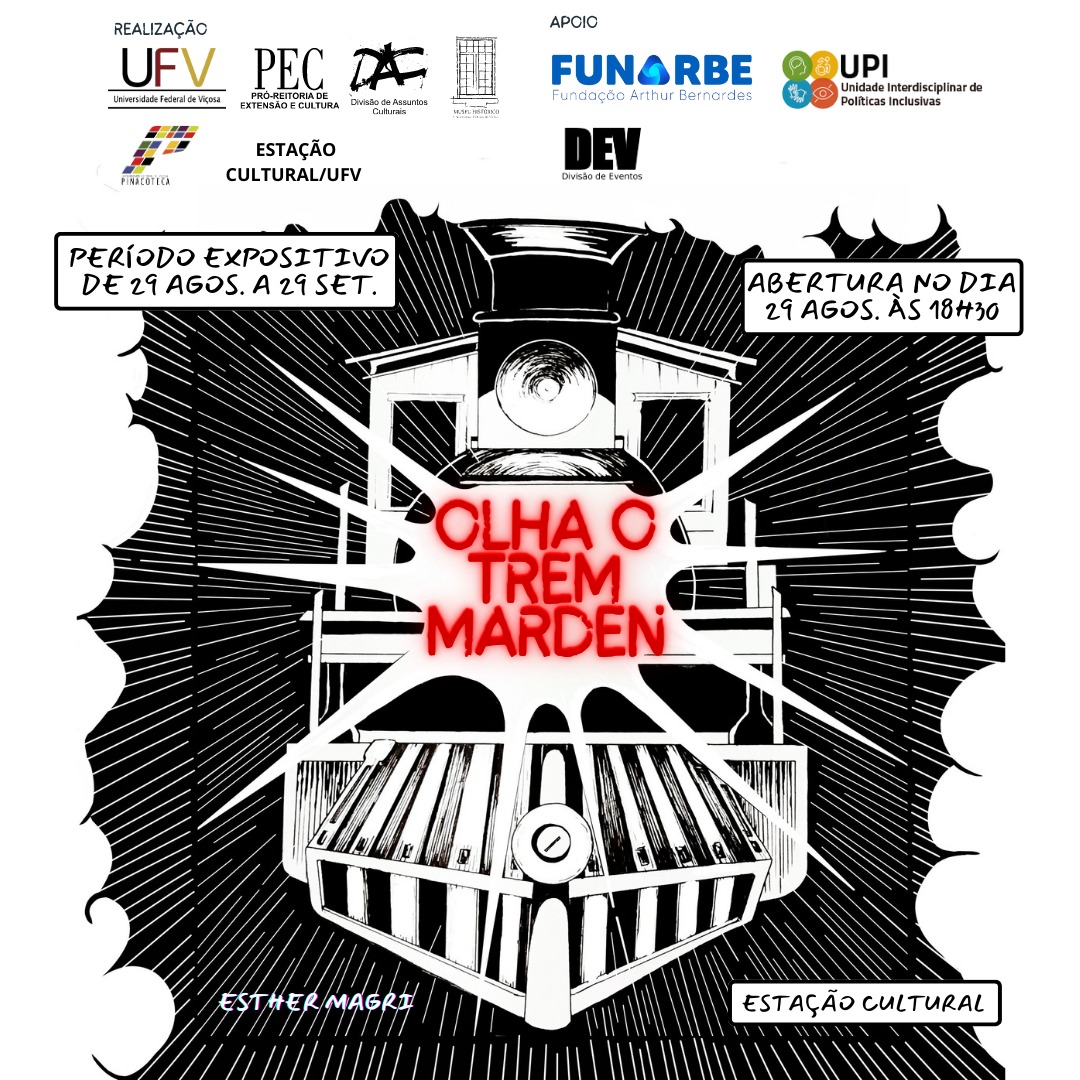 Desenho de um trem em preto e branco vindo na nossa direção, com os dizeres 'olha o trem mardem!' em vermelho. 