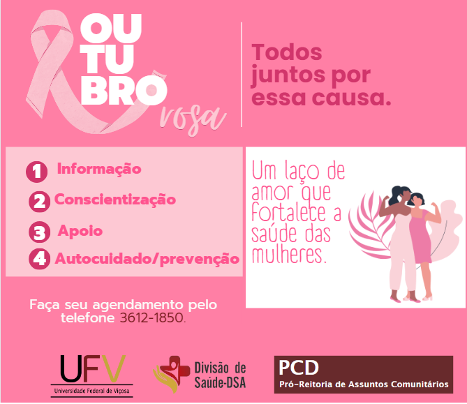 Fundo rosa e texto sobre a campanha. À direita, desenho de duas mulheres abraçadas.