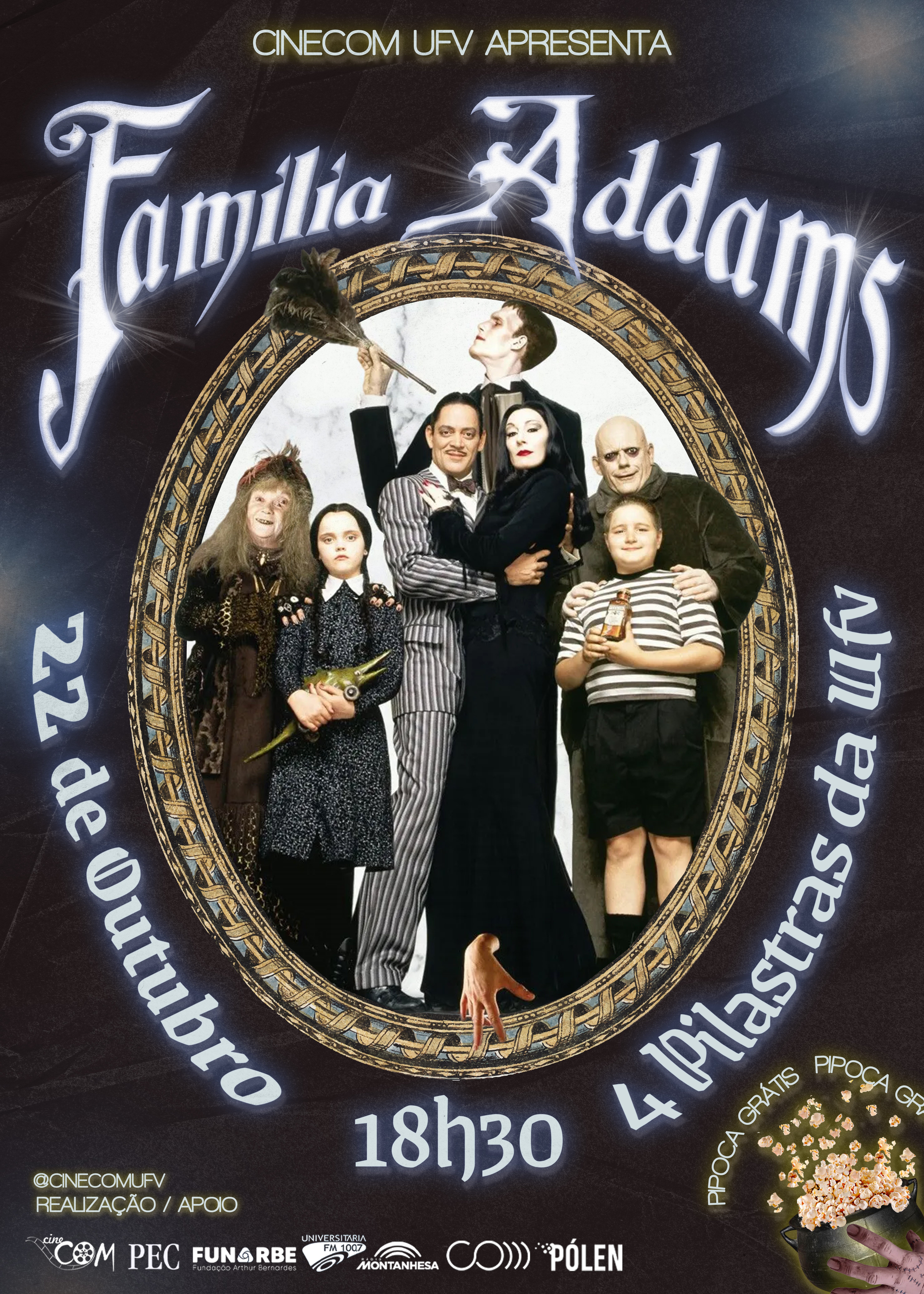 Cartaz do filme. Fundo preto com foto dos membros da Família Addams dentro de uma moldura dourada. 