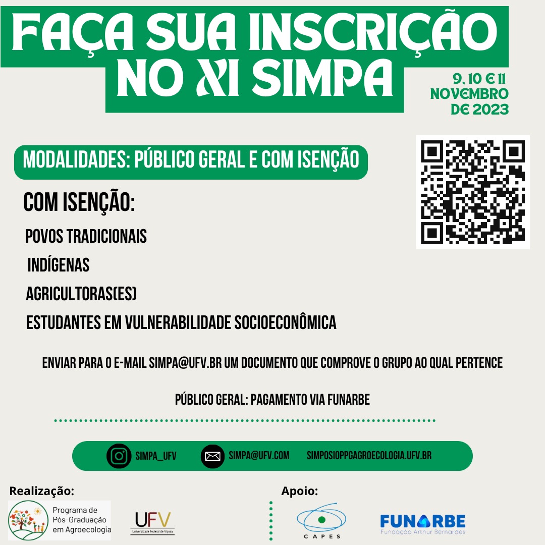 Fundo bege. Em cima, faixa verde com texto branco: Faça sua inscrição no 11º Simpa. QR code na lateral direita. simpa@ufv.br 