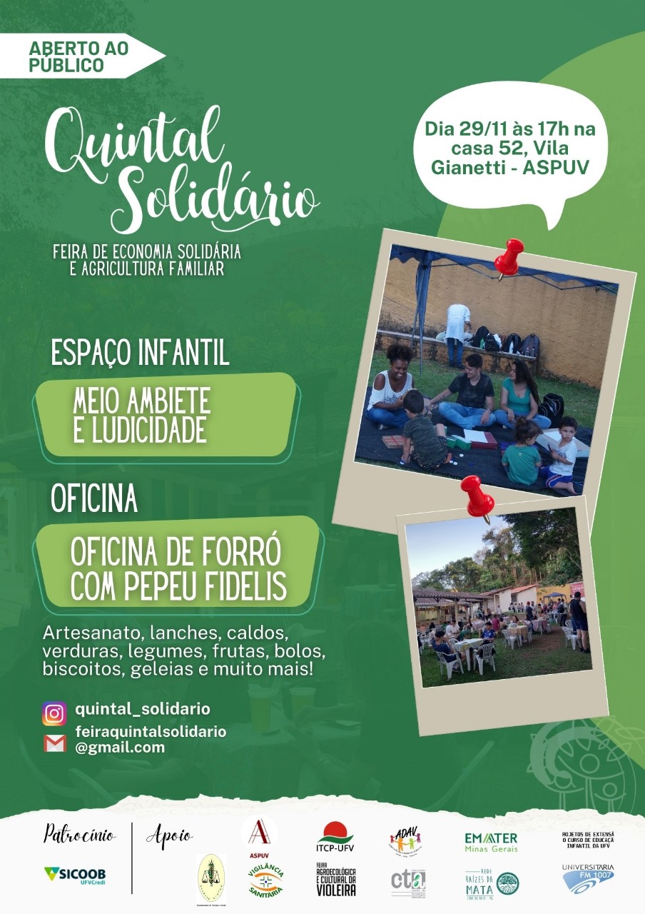 Card verde com fotos de pessoas sentadas em roda e mesas distribuídas num gramado. Espaço infantil e oficina de forró. 