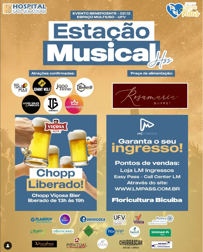 Card com fundo amarelo. Foto de brinde com copos de chopp. Estação Musical, evento beneficente dia 2/12 no Multiuso da UFV. 