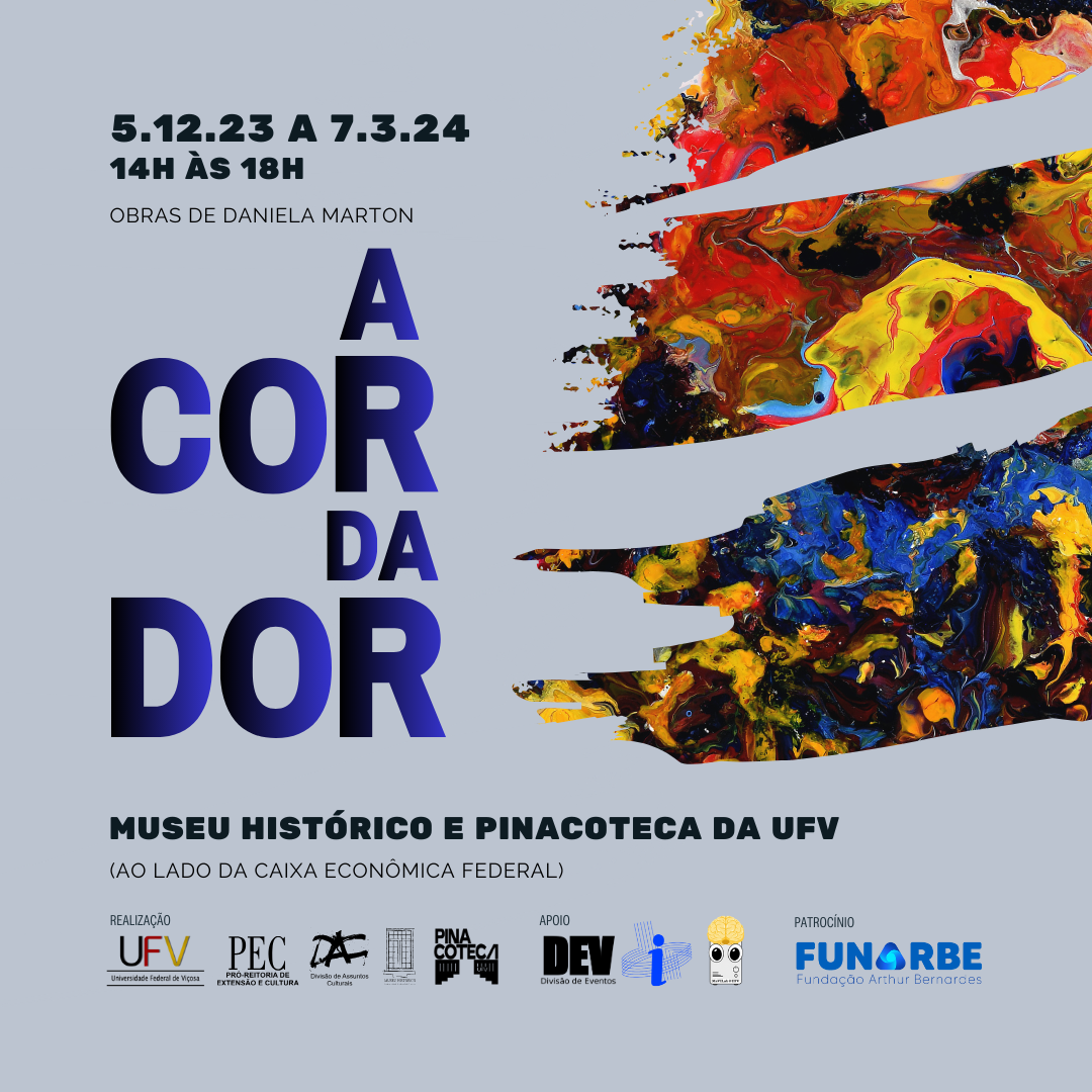 Fundo cinza e três pinceladas multicoloridas do meio para fora, à direita da imagem. A Cor da Dor em azul e preto. 