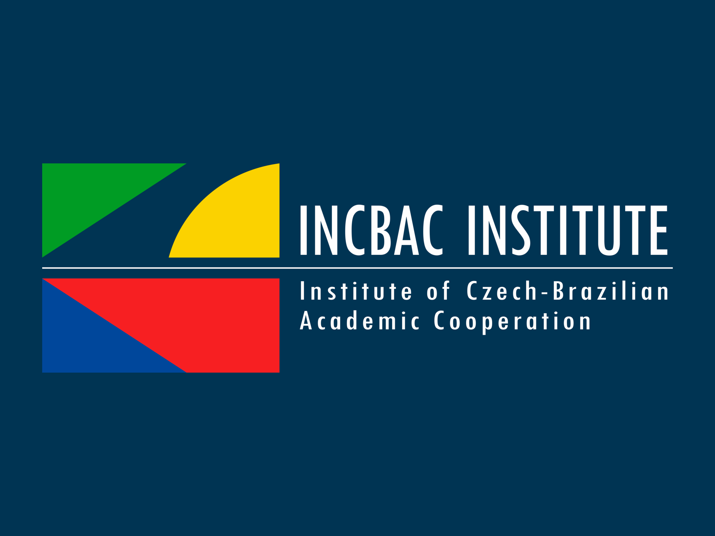 Fundo azul escuro e figuras geométricas em amarelo, verde, azul e vermelho compõem a logo do Inc-Bac. 