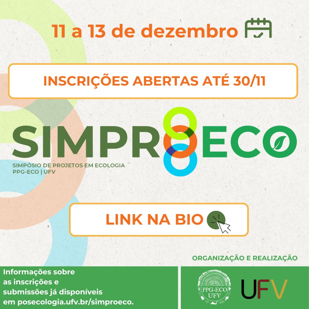 Card com fundo bege e meios-círculos coloridos à esquerda. Texto: Simpro Eco, de 11 a 13 de novembro. 