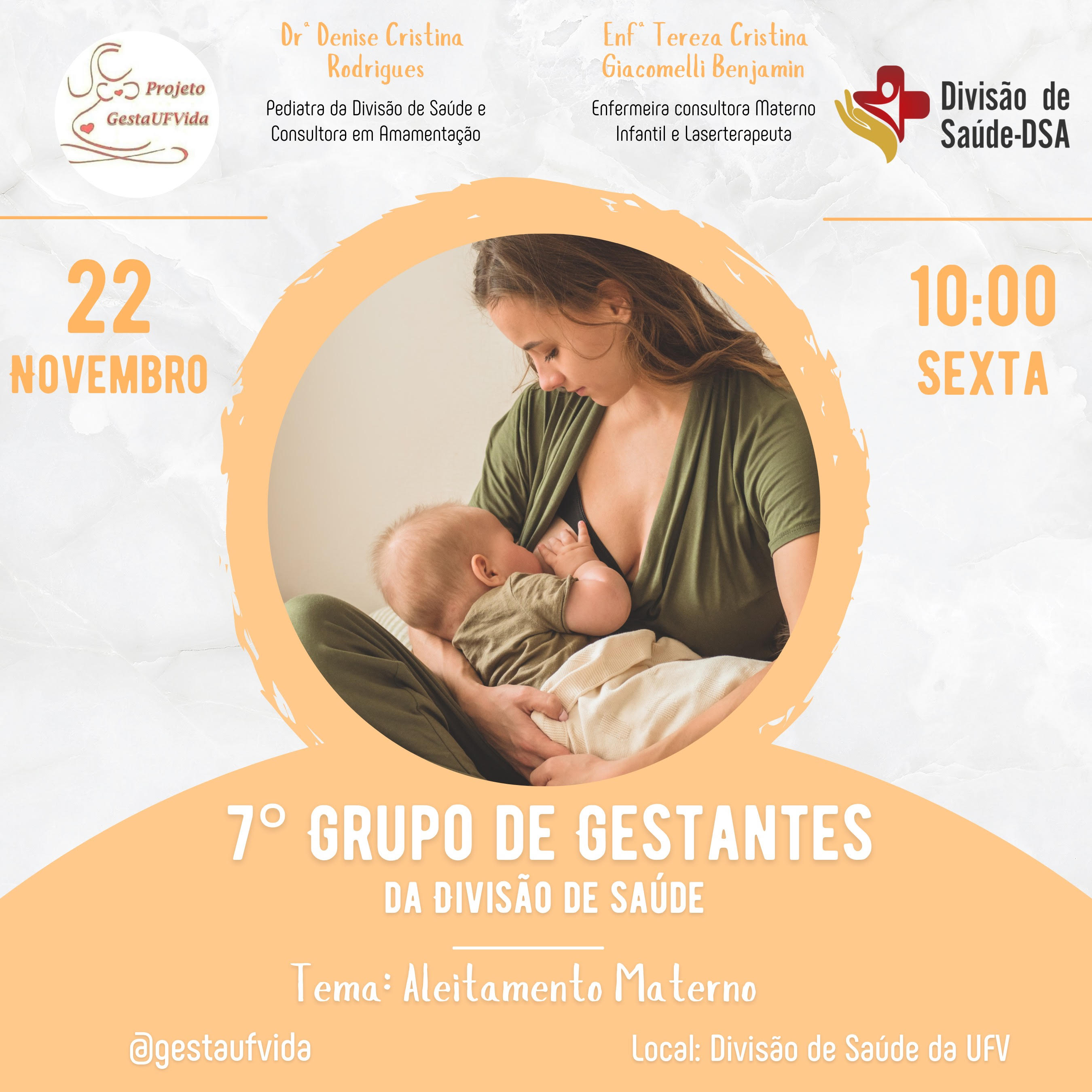 Mãe de blusa verde amamentando. Sétimo Grupo de Gestantes, 22/11 às 10h na Divisão de Saúde da UFV. 