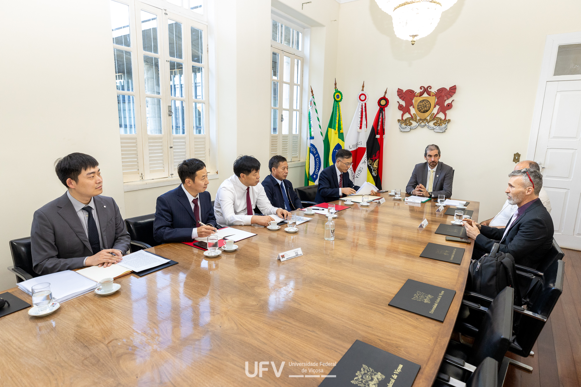 8 homens de meia-idade sentados ao redor de uma grande mesa de madeira. Brasão da UFV na parede ao fundo. 