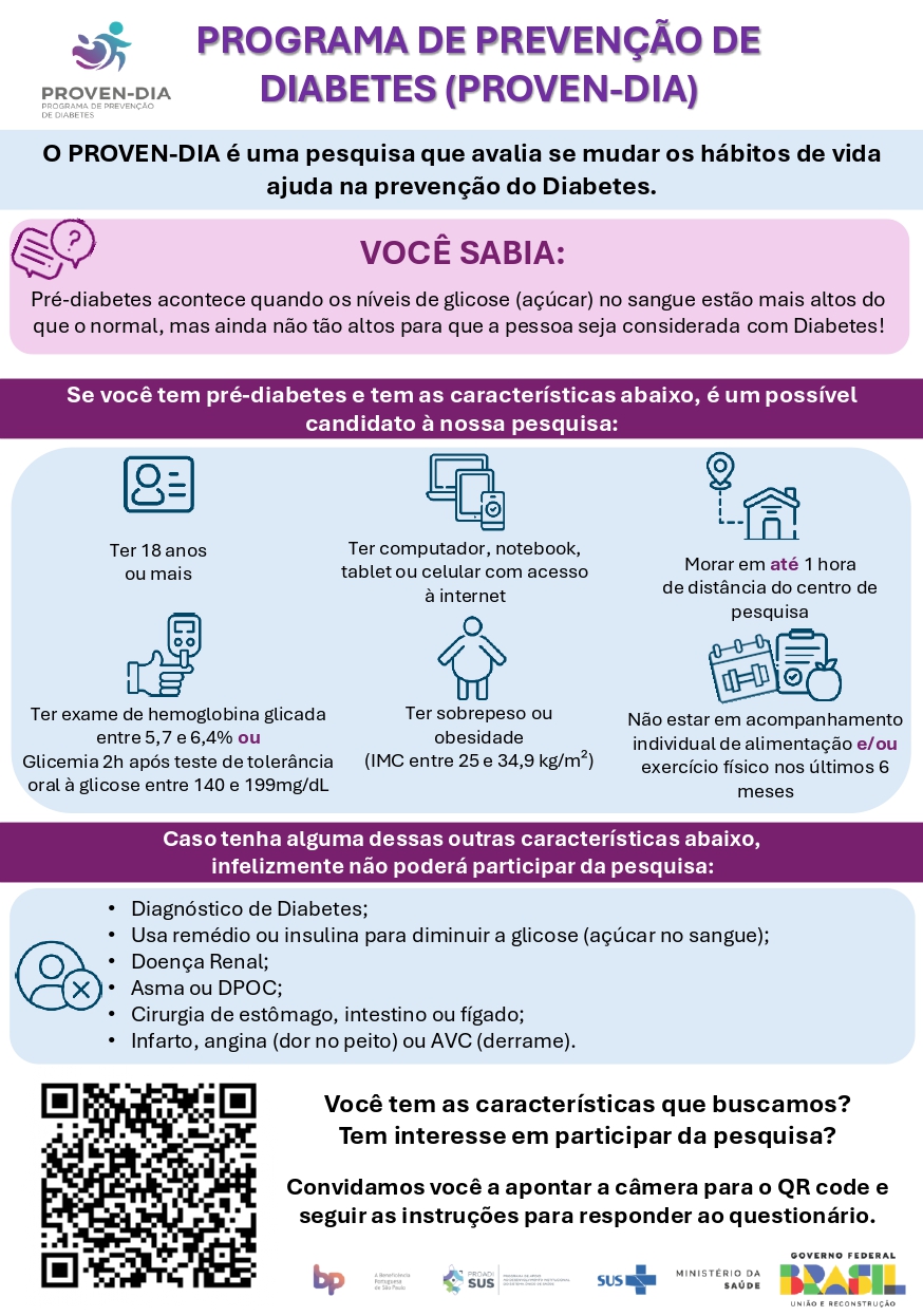 Cartaz com orientações sobre a participação na pesquisa e QRcode abaixo à esquerda. 