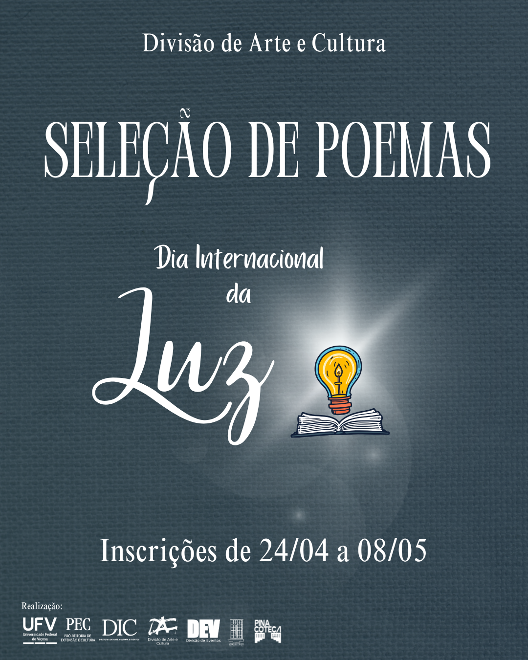 Sobre fundo cinza, desenho de uma lâmpada acesa flutuando sobre um livro aberto. Seleção de Poemas em letras brancas. 