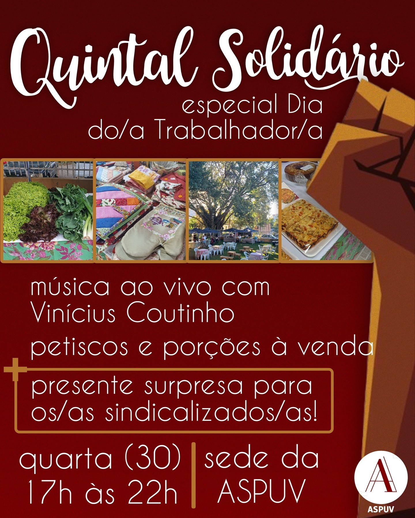 Fundo vermelho escuro com fotos de verduras, artesanatos e quitutes. Texto com as mesmas informações da notícia. 
