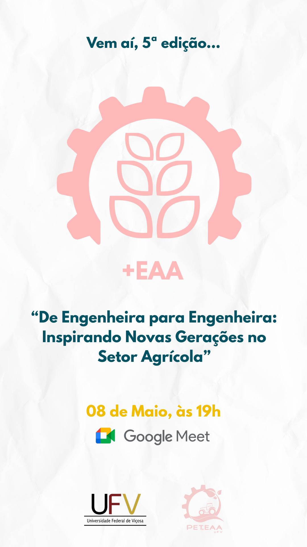 Card de fundo cor de creme. No centro, engrenagem rosa aberta embaixo, por onde entram folhas da mesma cor e o texto +EAA. 