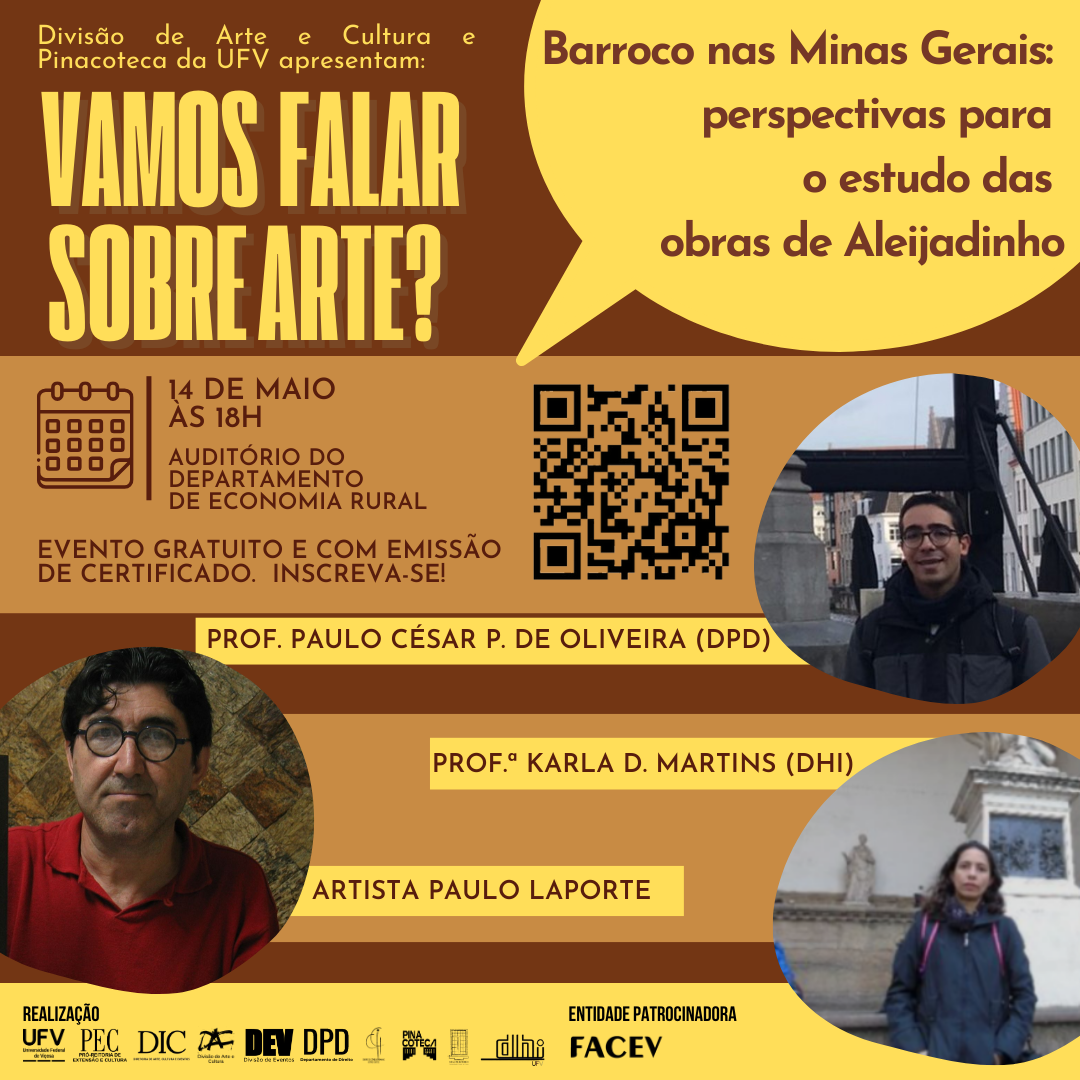Fundo marrom com faixas em bege com as fotos dos palestrantes e as informações sobre data, horário e local do evento. 